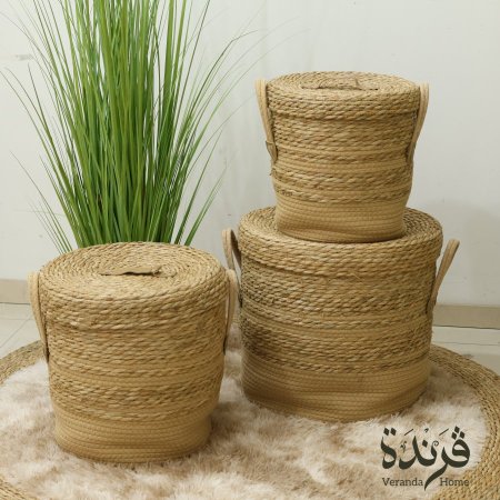 طقم 3 سلال قش قاعدة قماش